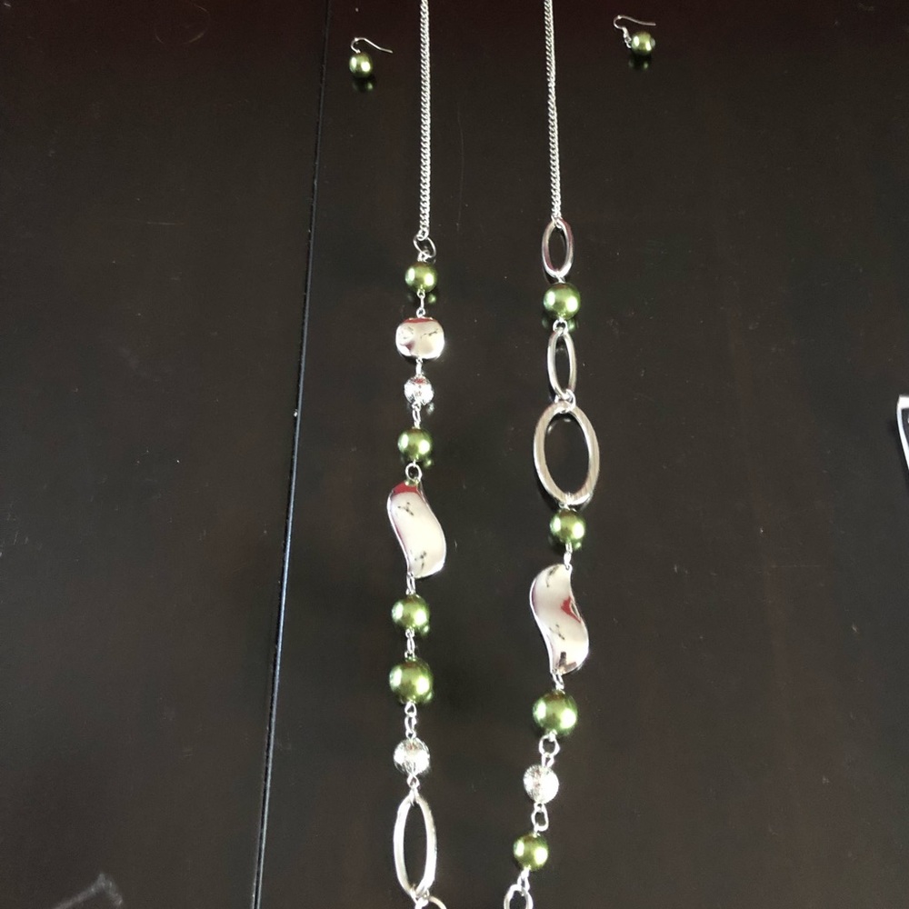 Olive green long necklace and earrings